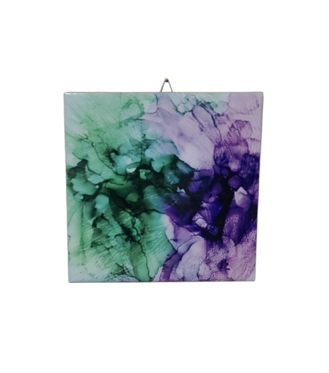 8 x 8-inch dye sublimation alcohol ink ceramic tile abstract wall hanging with the colors purple and green 