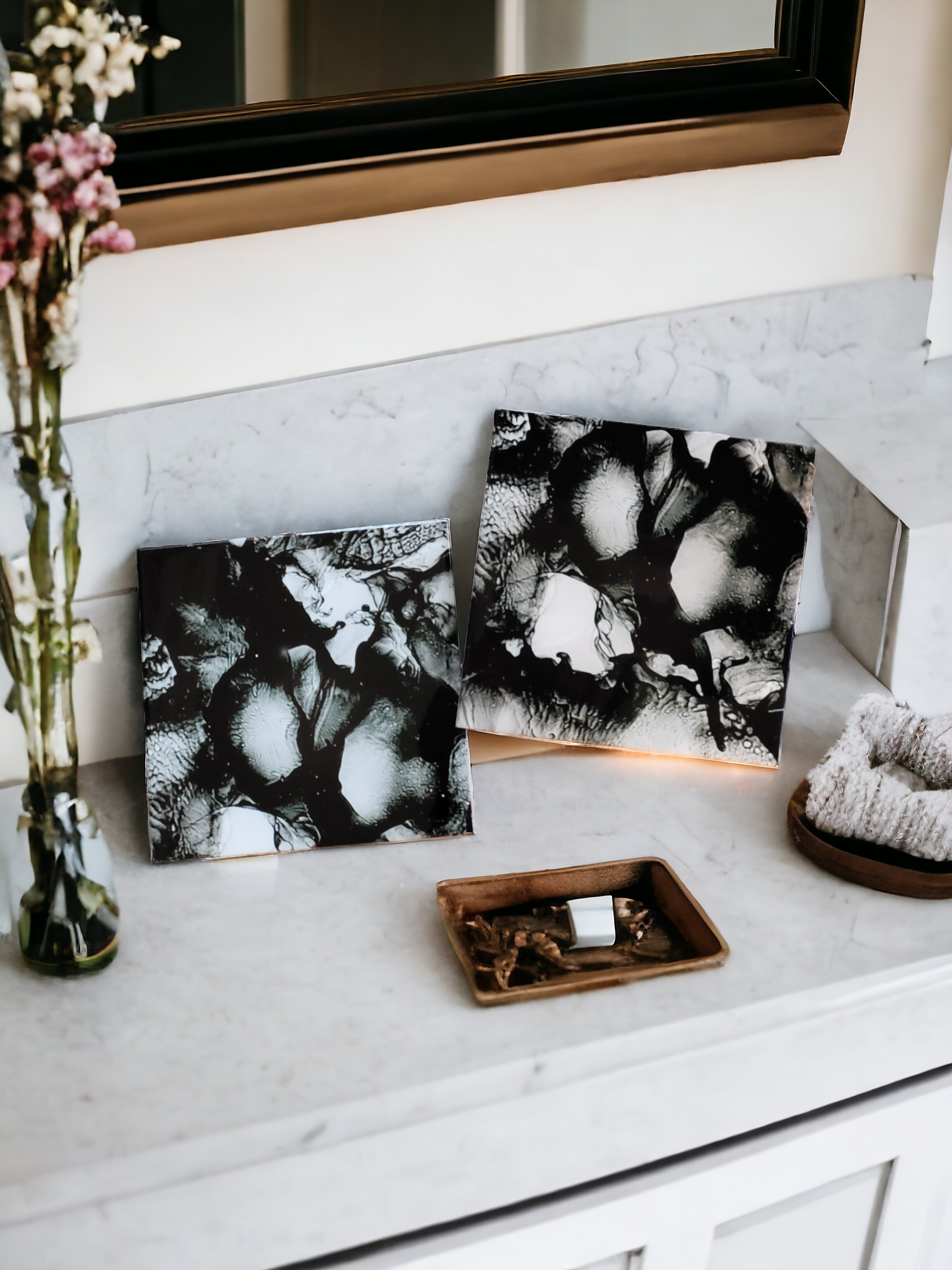 8x 8-inch ceramic tile alcohol ink art display that is an abstract design using the color black and the sublimation process. 