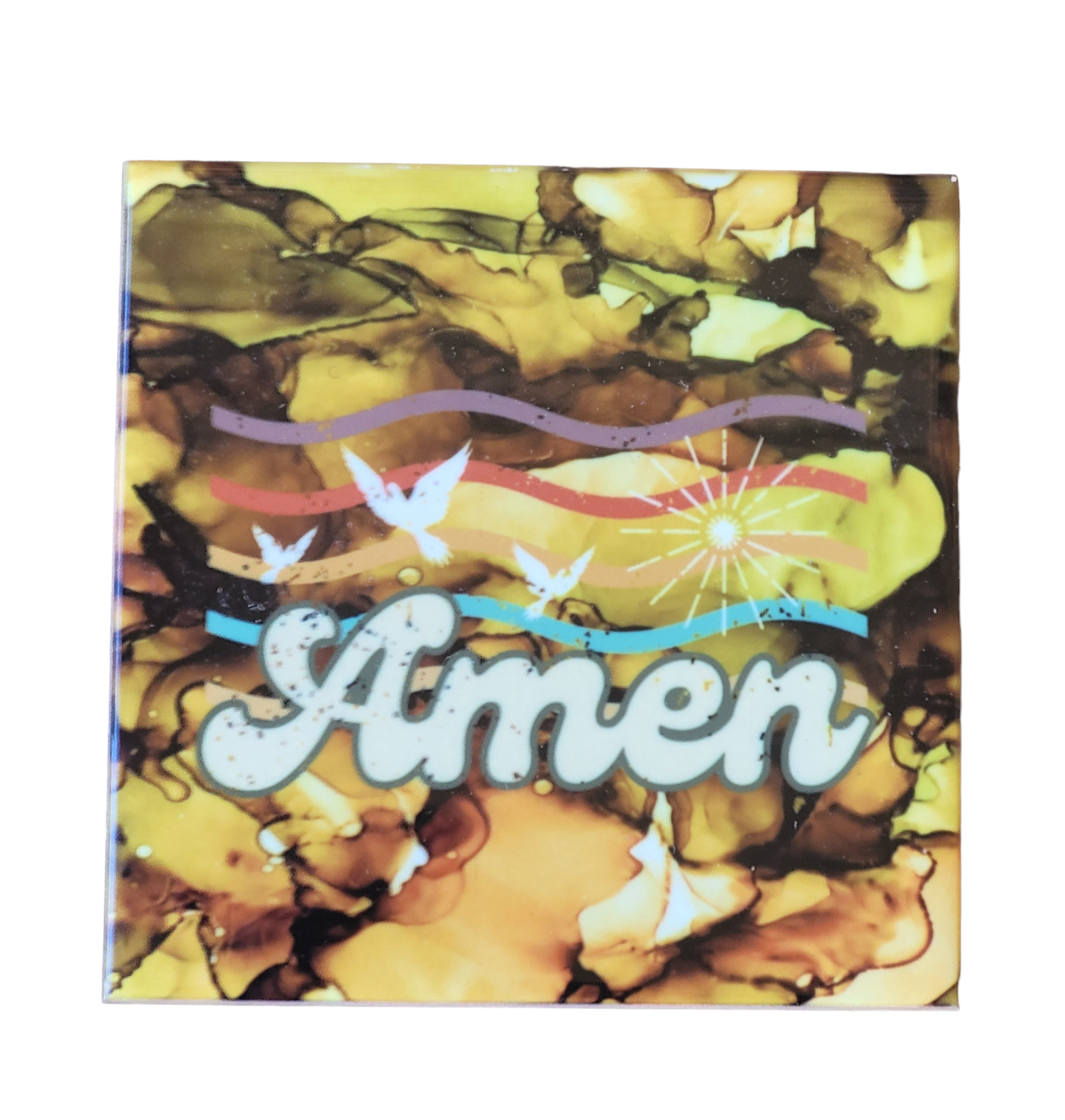 Nature colored alcohol ink background on 4.5 x 4.5-inch ceramic tile with the word "Amen" in a retro style font