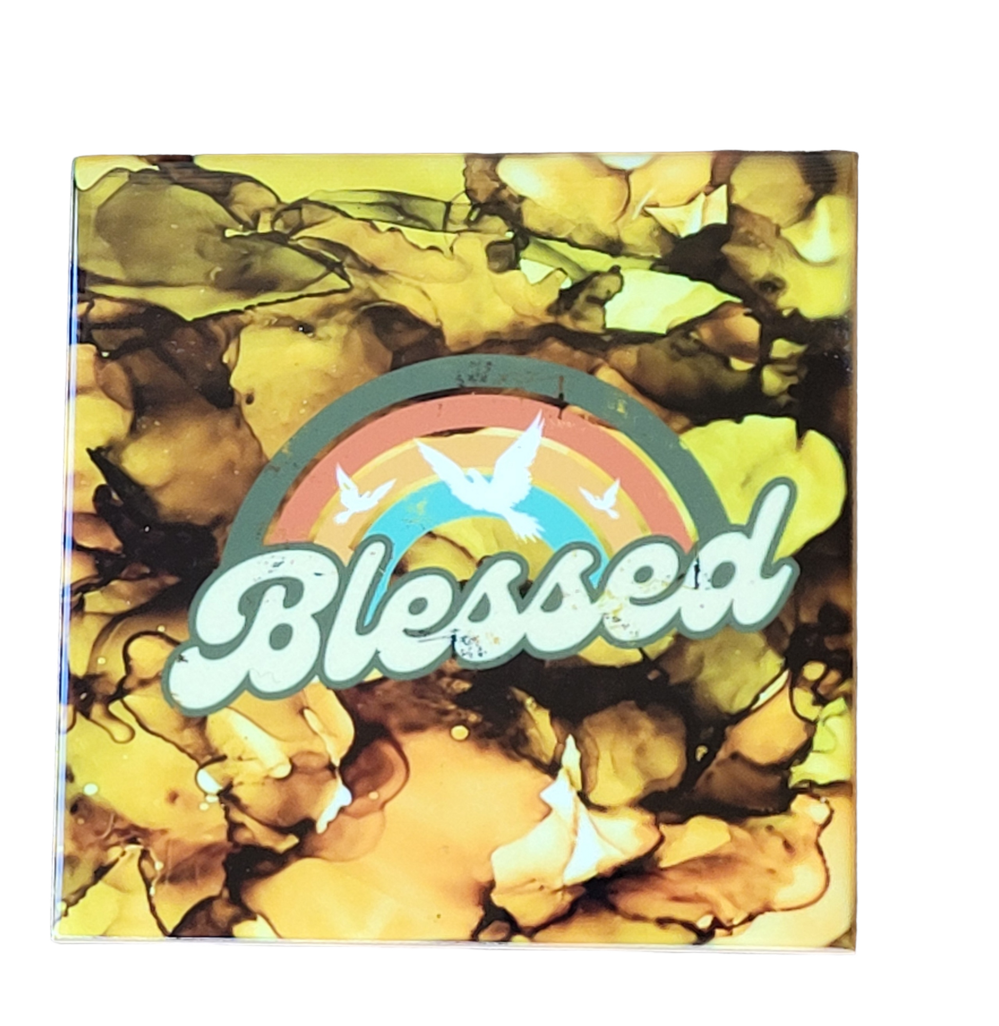 Nature colored alcohol ink background on 4.5 x 4.5-inch ceramic tile with the word "Blessed" in a retro style font.