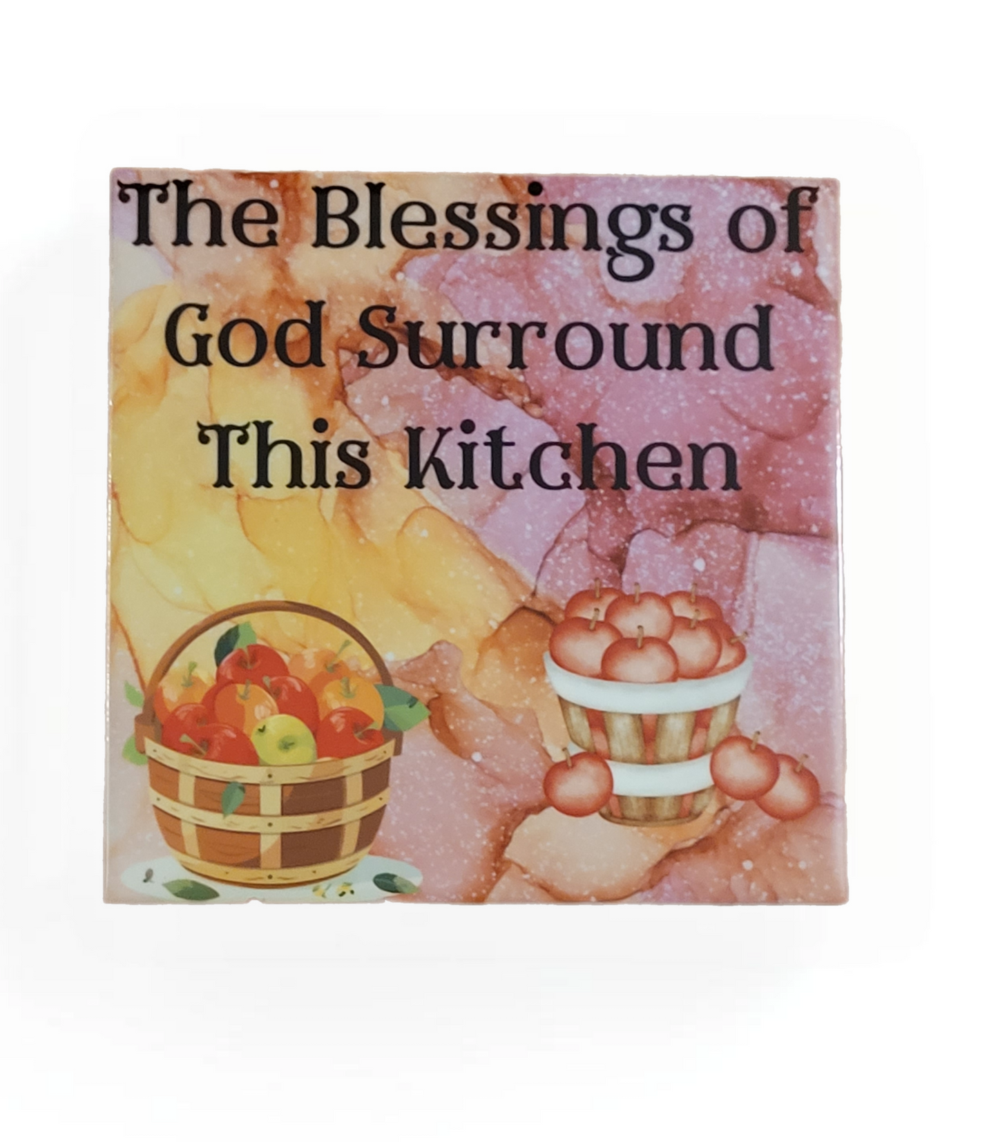 6 x 6-inch ceramic tile trivet for hot dishes with a reddish-orange abstract alcohol ink background and baskets of apples. It also has the phrase " The Blessings of God Surround This Kitchen." 