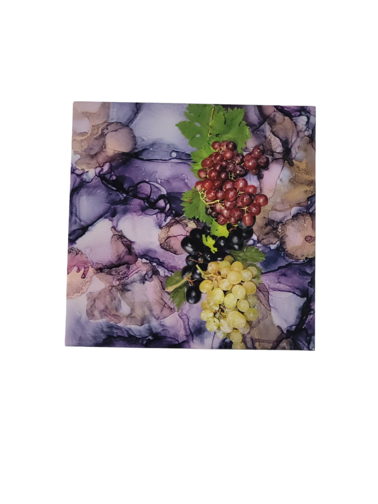 6 x 6-inch ceramic tile trivet for hot dishes with a mixture of a light and dark purple alcohol ink background and purple and green grapes.