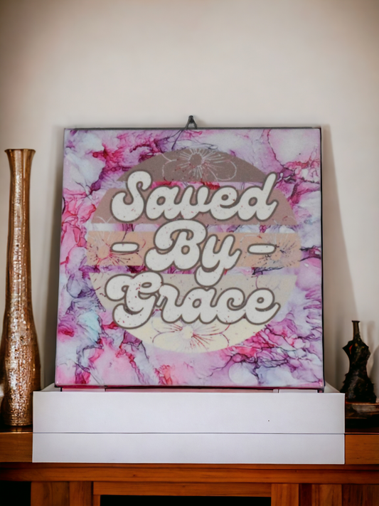 8 x 8-inch dye sublimation alcohol ink ceramic tile wall hanging with the words Saved By Grace