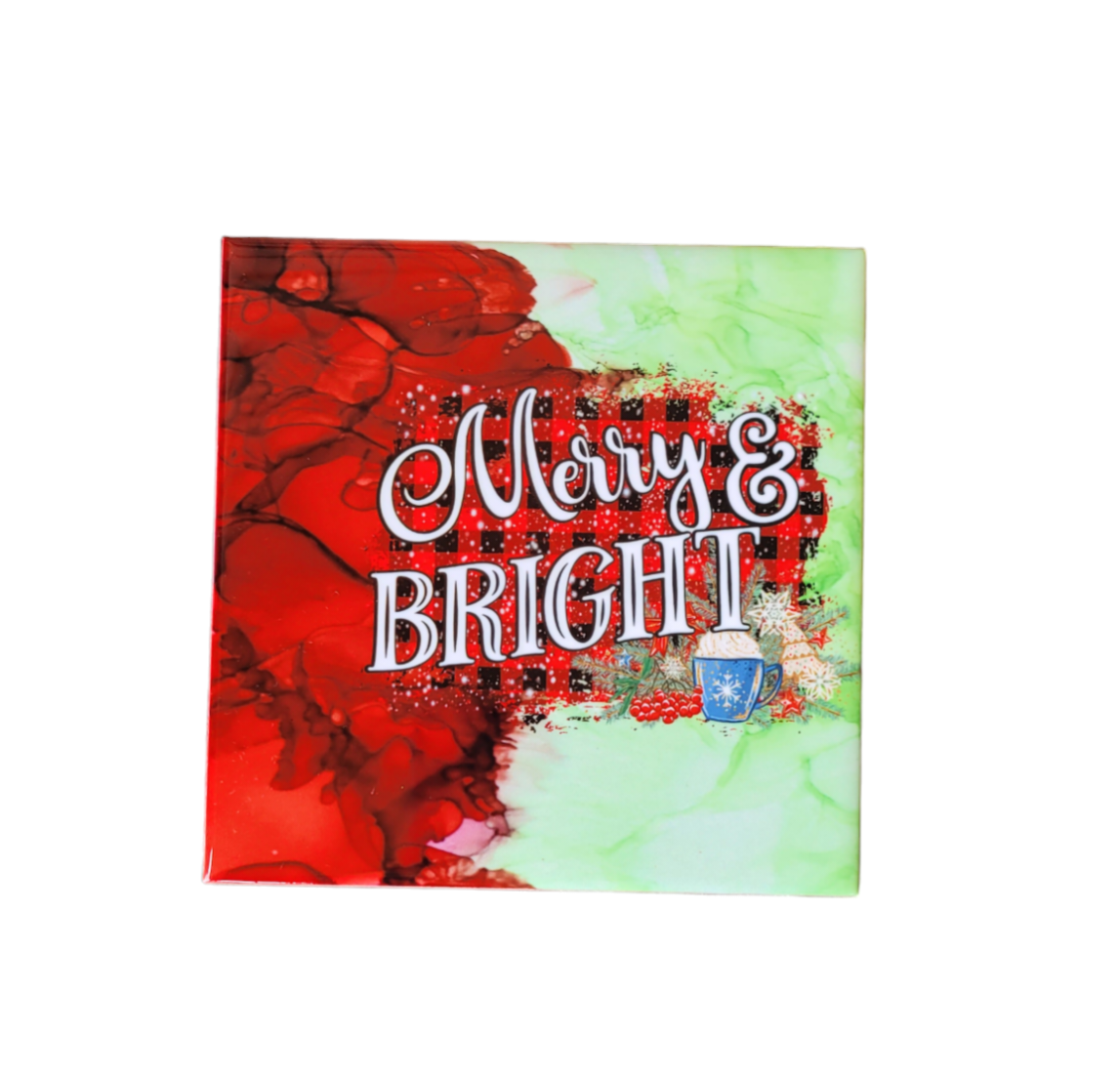 4.5 x 4.5-inch ceramic tile Christmas Coaster with red and green alcohol ink background with the words "Merry & Bright"