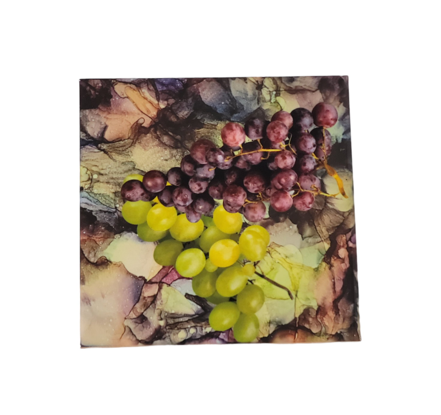 6 x 6-inch ceramic tile trivet for hot dishes with an abstract/purple alcohol ink background and purple and green grapes