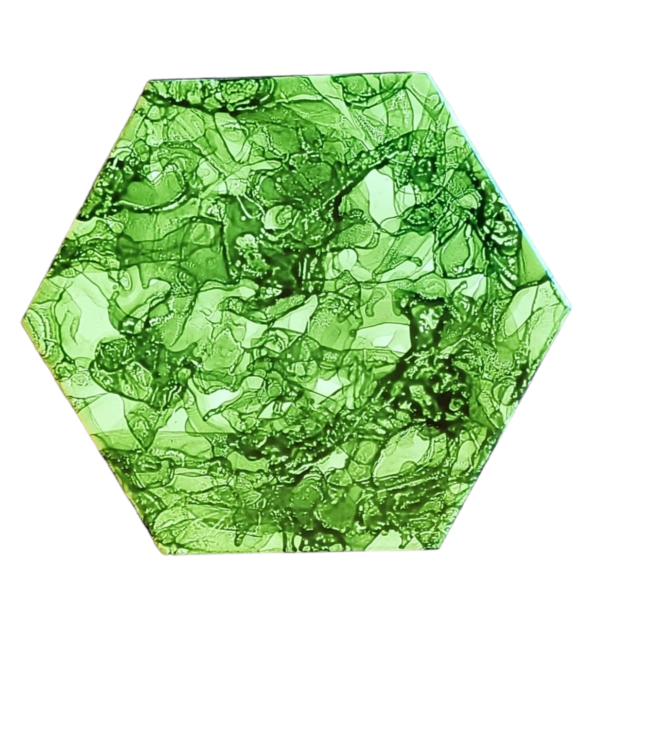 6 x 7-inch hexagon shaped ceramic tile with green alcohol ink 