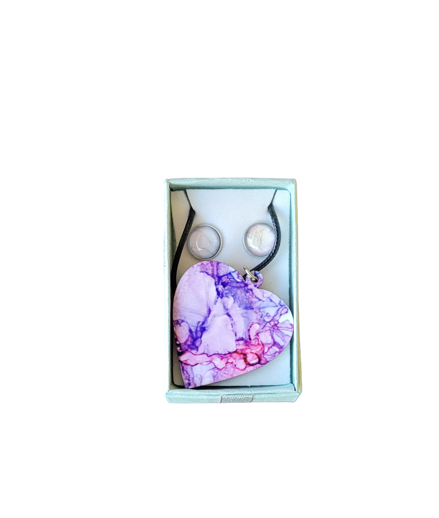 Purple heart shaped necklace and  clear circle shaped stud earrings