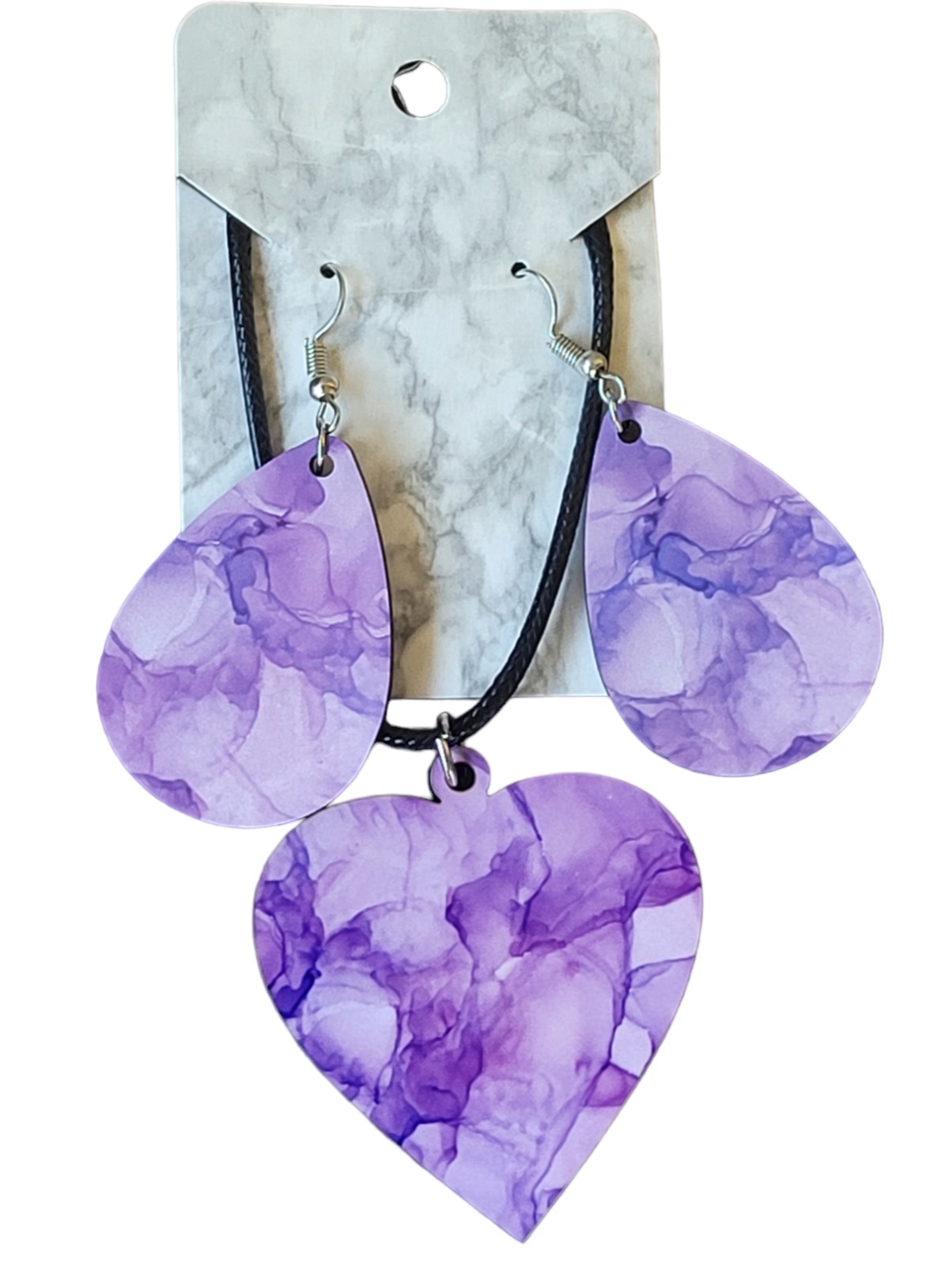 Purple heart shaped necklace and teardrop earrings