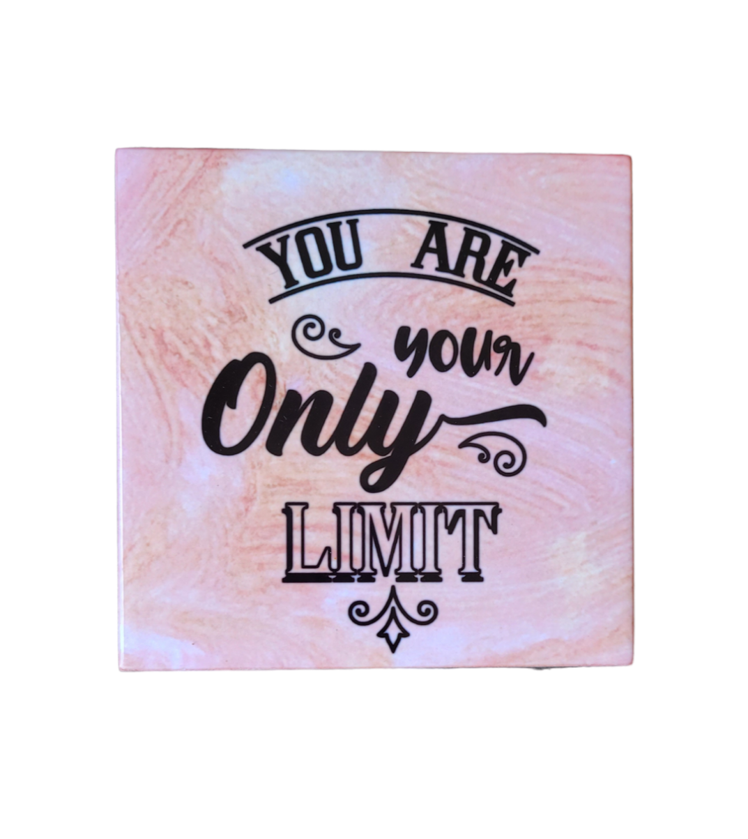 pink alcohol ink background on 4.5 x 4.5-inch ceramic tile with the words "You are your only Limit"