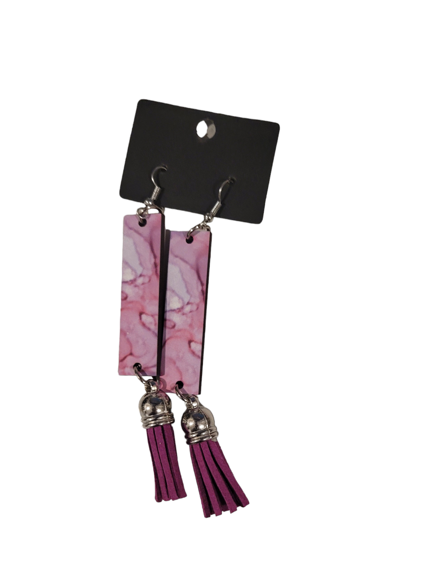 Purple rectangle earrings with short purple tassels