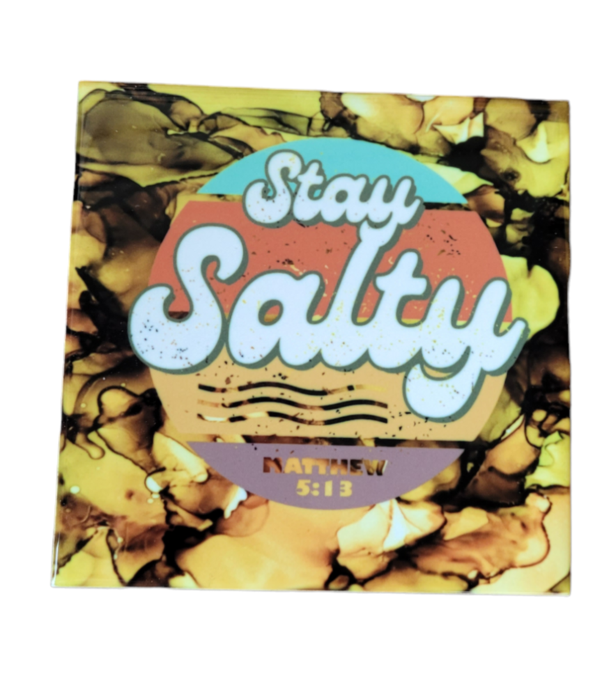 Nature colored alcohol ink background on 4.5 x 4.5-inch ceramic tile with the words "Stay Salty Matthew 5:13" in a retro style font.