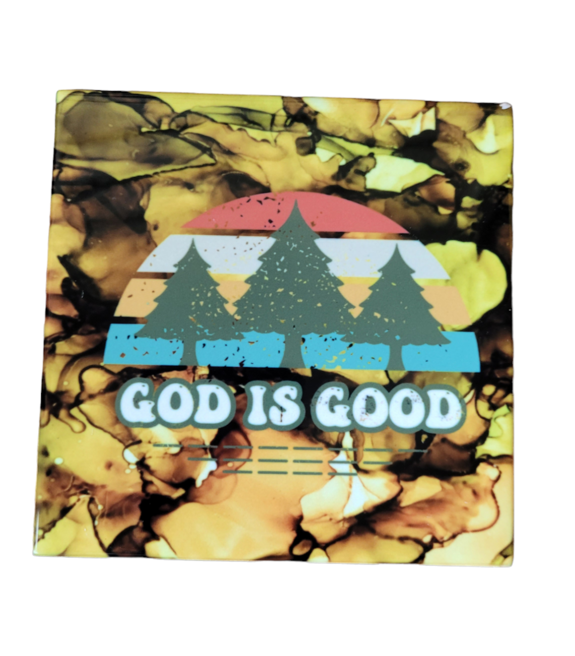 Nature colored alcohol ink background on 4.5 x 4.5-inch ceramic tile with the words "God is Good" in a retro style font.