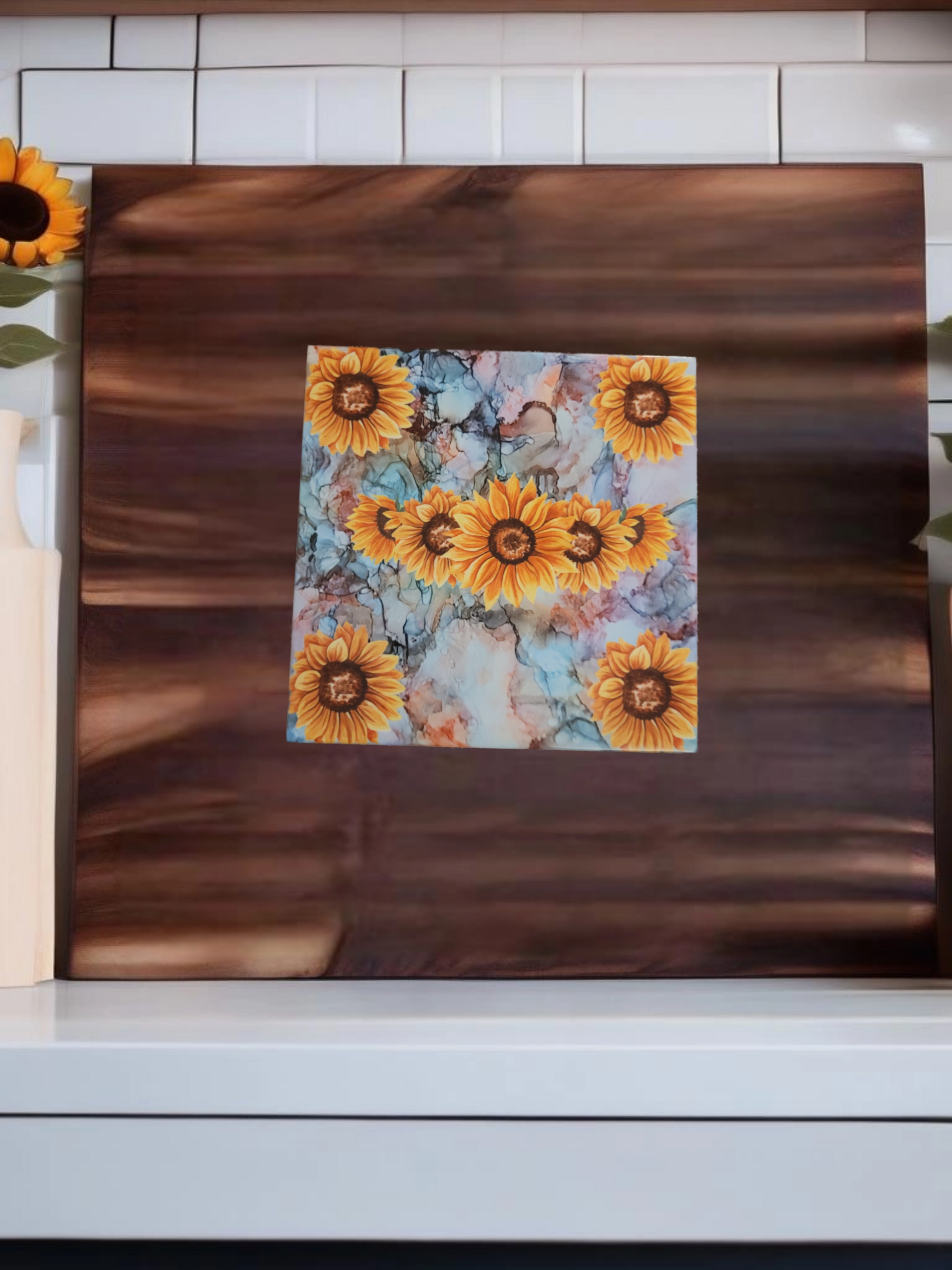 6 x 6-inch ceramic tile trivet for hot dishes with an abstract alcohol ink background and golden sunflowers