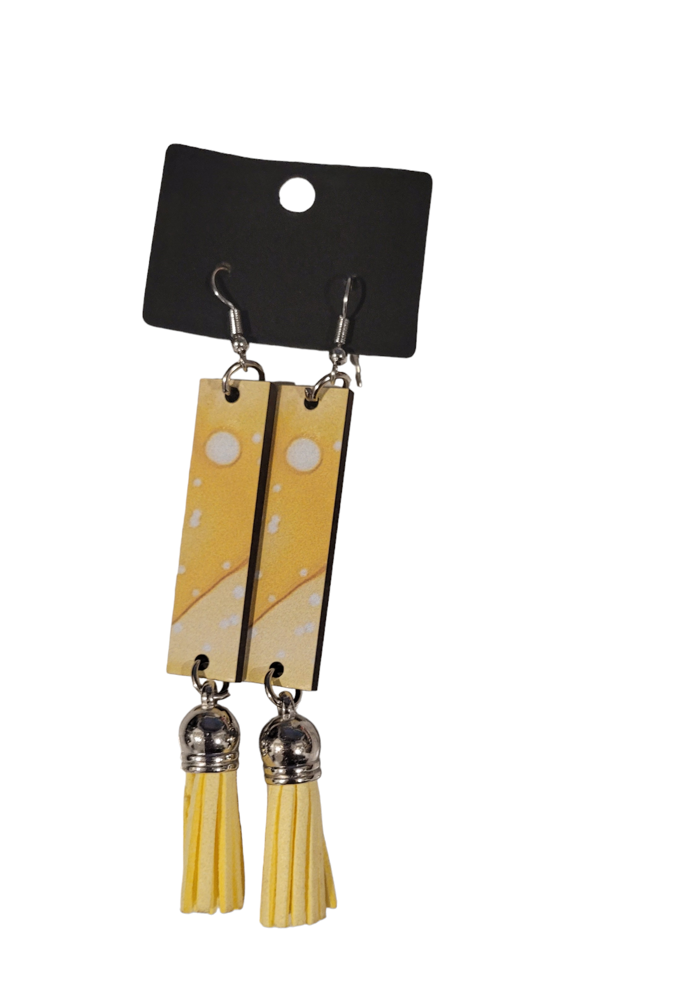 Yellow rectangle earrings with short yellow tassels