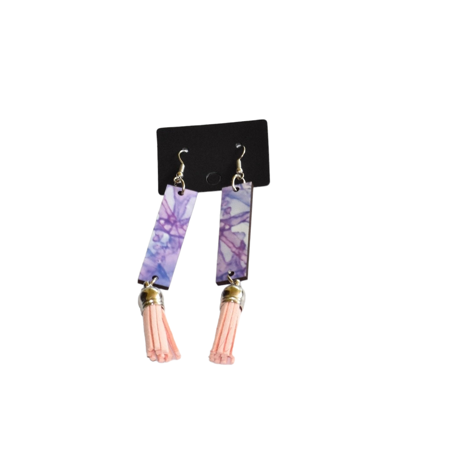 Purplish rectangle shaped earrings with short light pink tassels