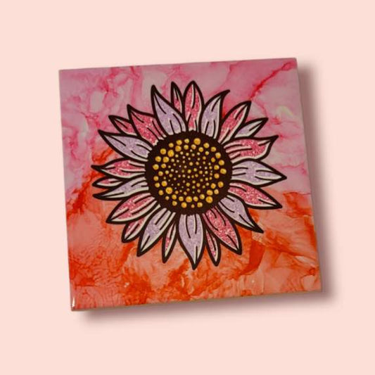 Art Tile-Dye Sublimation Imprint of Alcohol Ink Painting and Pink Sunflower Design
