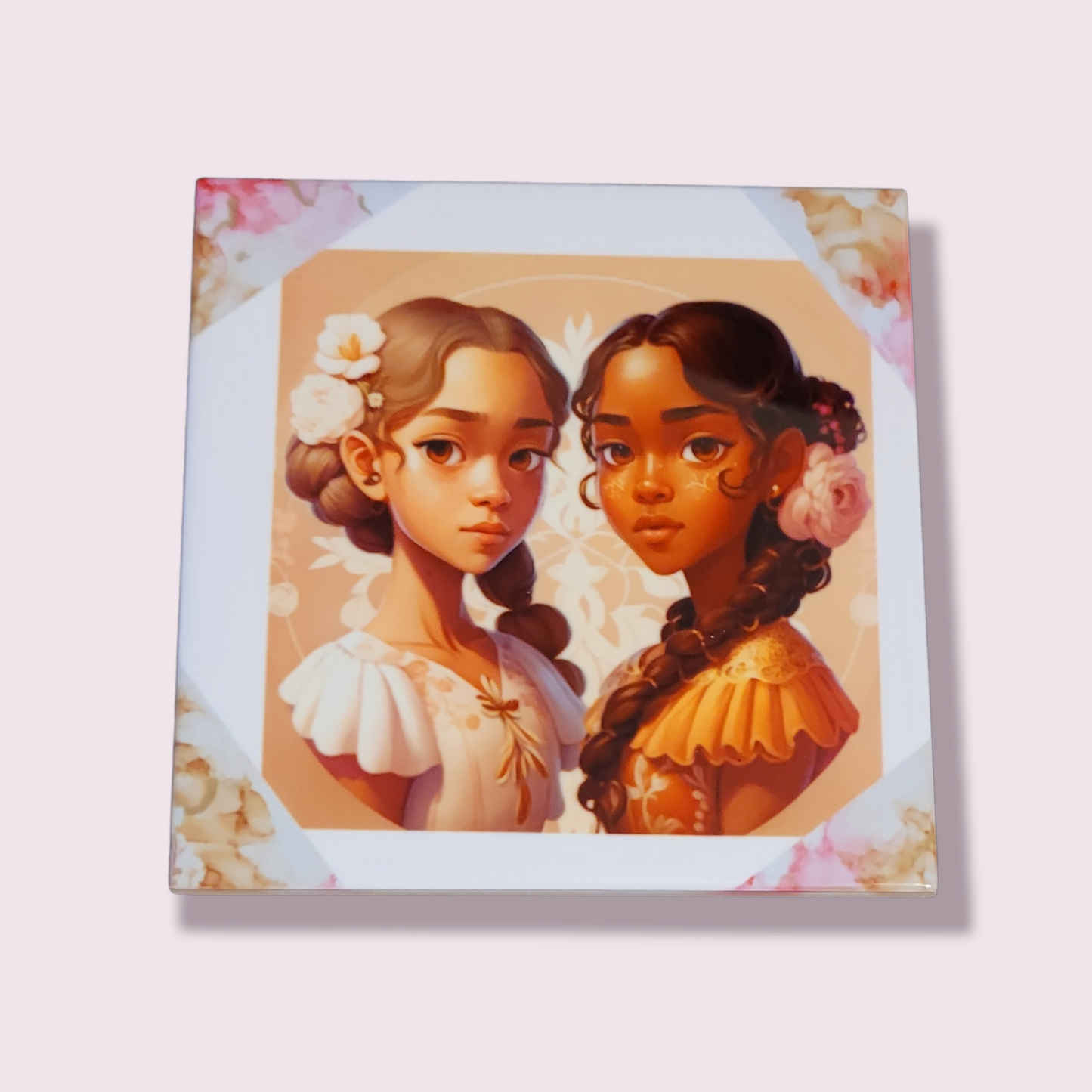 4.5 x 4.5-inch ceramic tile with two girls. One girl has a light complexion and the other a darker complexion.